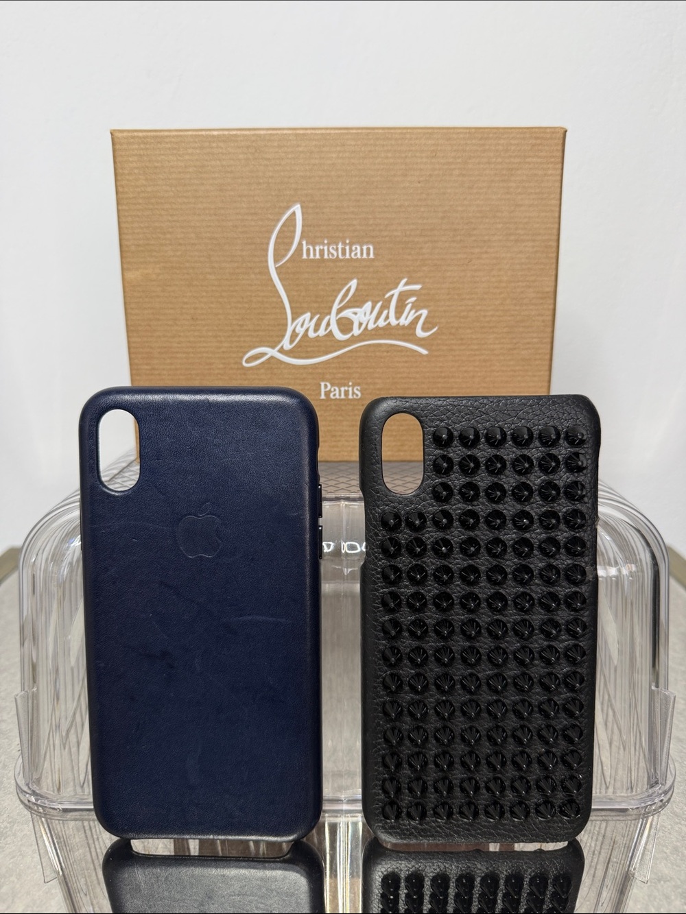 Christian Louboutin Black Studded Leather iPhone Case + Navy Leather Apple Case
